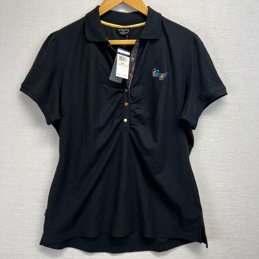 VTG Y2K COOGI Women's Black Rhinestone Embellished Polo Shirt Style Top 2X